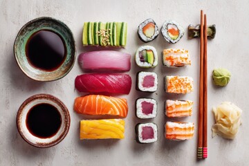Vibrant Japanese Sushi  Sashimi Platter - Fresh Rolls, Nigiri,  Soy Sauce on Stone.