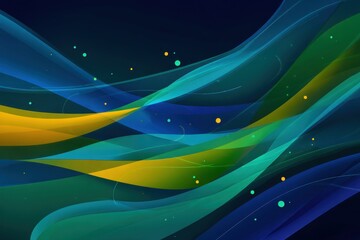 Abstract Luminous Waves - Dynamic Blue, Green, Gold Flowing Ribbons with Sparkling Dots on Dark Background.