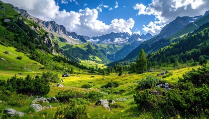Fototapeta premium Lush Green Alpine Valley Landscape with Snowcapped Mountains and Cloudy Blue Sky