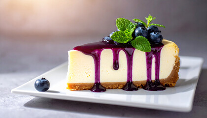 Sliced cheese cake with mint and blueberry compote; closeup view 