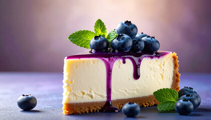 Sliced cheese cake with mint and blueberry compote; closeup view 