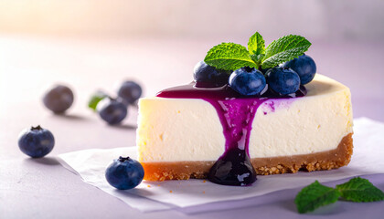 Sliced cheese cake with mint and blueberry compote; closeup view 