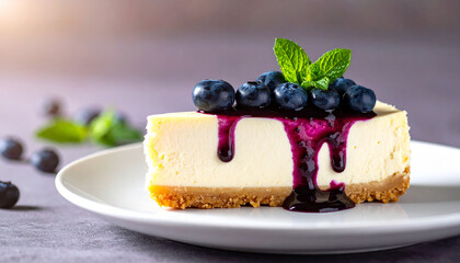 Sliced cheese cake with mint and blueberry compote; closeup view 