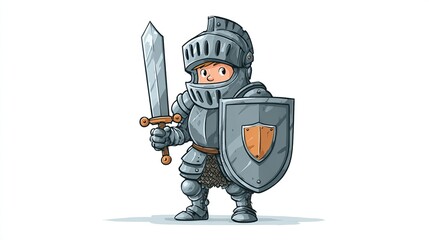 Cartoon illustration of a young knight in shining armor, holding a sword and shield, on a white background
