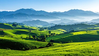 Lush Green Hills Under a Clear Blue Sky with Sunlight Casting Shadows on Rolling Terrains Landscape Photography