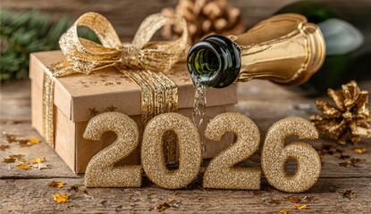 Golden Sparkling 2026 Celebration Display With Champagne Pouring Onto Gift Box on Rustic Wooden Surface
