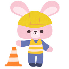 黄色いヘルメットと安全ベストを着たウサギのイラスト