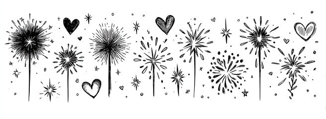 Line Art Dandelion Puffballs and Heart Shapes on White Background Artistic Design