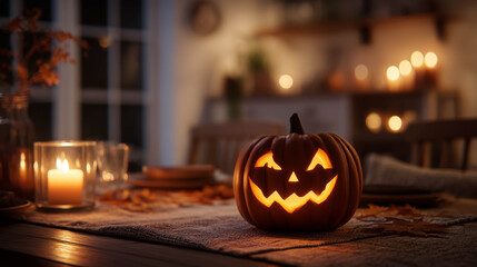 Glowing carved pumpkin placed on a cozy table indoors, representing traditional Halloween decor and festive spirit.