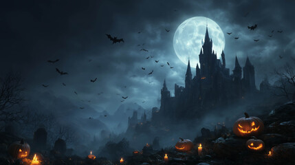 Majestic haunted castle with bats flying under a glowing full moon, ideal for gothic horror or spooky Halloween concepts.