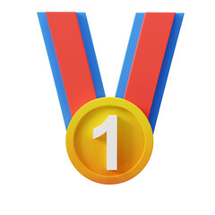 Golden First Place Medal with Red and Blue Ribbon on Transparent Backdrop Achievement Symbol