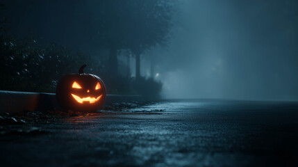 Glowing jack-o’-lantern placed on foggy road at night, symbolizing Halloween mystery, spooky atmosphere, and eerie cinematic horror.