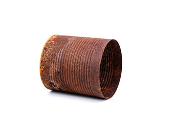 Old rusty can, metal industry, food packaging, recycling waste, isolated on white background.