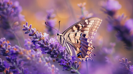 Close-up of a butterfly resting on purple lavender, showing elegance, calmness, and natural beauty of pollination in summer fields.