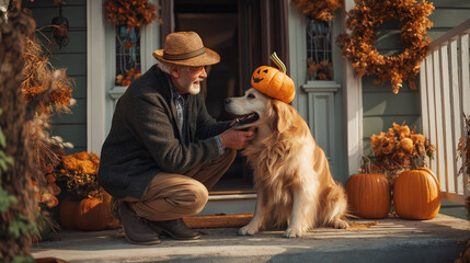 Elderly man smiling and petting his golden retriever wearing a pumpkin on its head, celebrating the Halloween season with warmth and friendship.