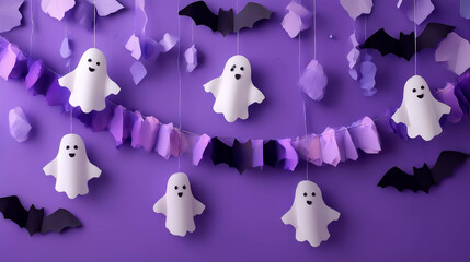 Adorable white ghosts and black bats hanging on a purple background, symbolizing playful Halloween decor and fun spooky celebration.