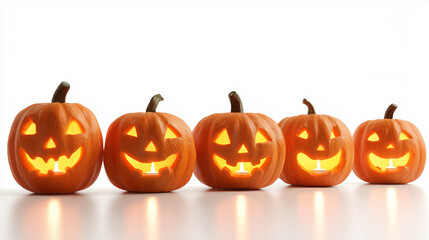 Three carved Halloween pumpkins with glowing faces placed on white background, perfect for seasonal greeting cards and festive banners.