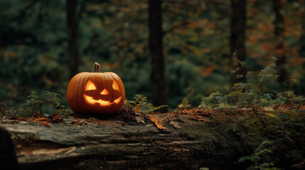 Two glowing pumpkins in an autumn forest surrounded by fallen leaves, symbolizing festive Halloween night and cozy fall magic.