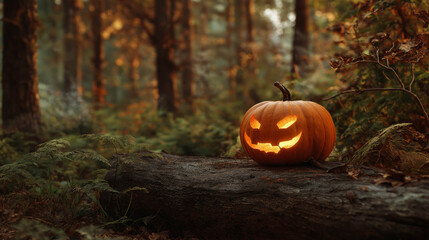 Glowing jack-o’-lantern pumpkin resting on forest ground surrounded by autumn leaves, representing the essence of Halloween night and fall season.