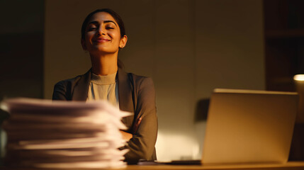 Indian woman stretching her arms and relaxing at workplace, symbolizing relief, balance, and self-care after long working hours in a busy corporate job.