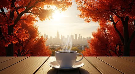 Aromatic coffee cup on wooden table with autumn trees and city skyline in the background during sunrise