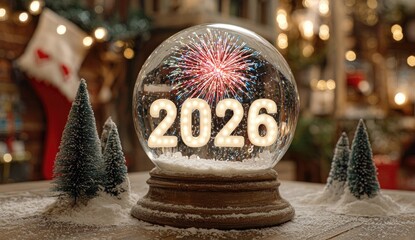 Snow Globe with Illuminated 2026 Number Displayed against Blurred Holiday Background