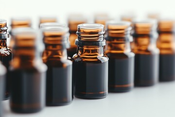 Close-up of amber glass bottles, used for essential oils or lab samples, neatly arranged in rows on a white surface.