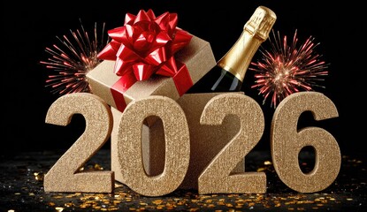 Sparkling Gold 2026 Text with Gift Box Champagne and Fireworks on Black Background Celebrating New Year