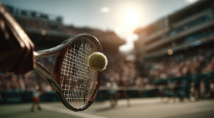 Tennis Racket Hitting Yellow Ball on Court with Blurred Stadium Background During Sunny Day