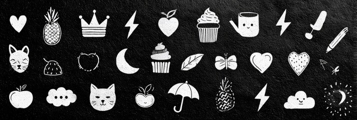 Various Hand Drawn Icons on Black Background with White Dots