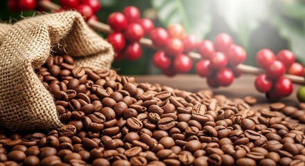 Freshly roasted coffee beans spill from burlap sack with coffee cherries