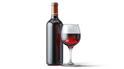 Red wine bottle beside full glass, both glossy with subtle shadows on white