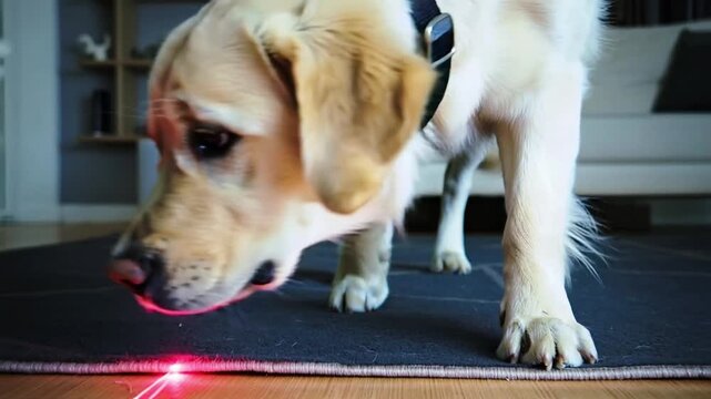 Golden retriever playing with laser pointer in living room
