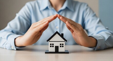 Hands Forming Protective Gesture Over Minimal House Model Representing Home Insurance – Neutral Background, Rear-Facing Figure