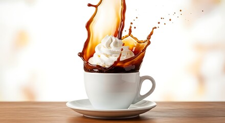 Coffee splash with whipped cream in a white cup on a wooden table against a blurred background