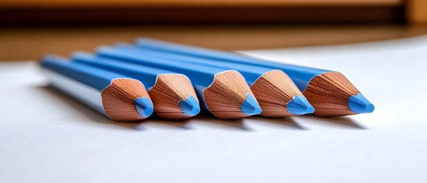 Aligned blue wooden color pencils on a white paper surface ready for creative work - Powered by Adobe