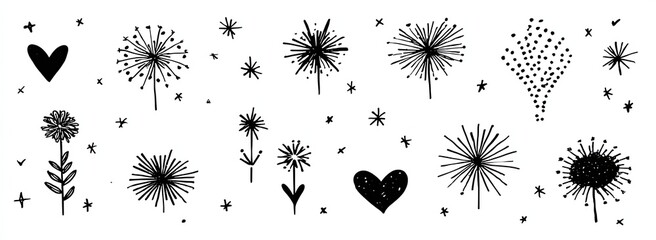 Black And White Dandelion And Heart Shapes On White Background Decorative Elements