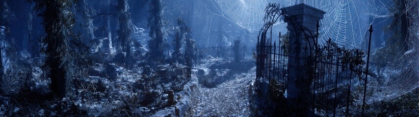 Mysterious castle gate in a misty forest landscape dark mood