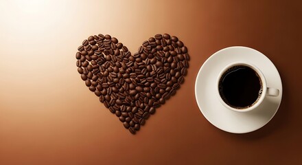 Coffee bean heart shape and a cup of black coffee isolated on brown gradient background