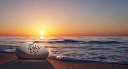 A zen stone with a flower symbol on a beach at sunset with a beautiful orange sky