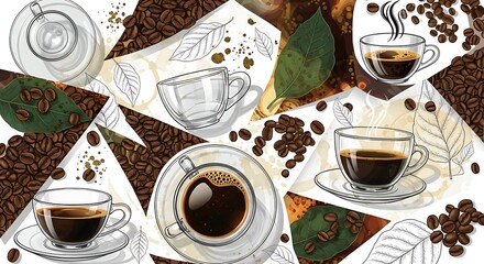 A delightful coffee collage featuring steaming cups, coffee beans, and artistic leaf sketches on white background