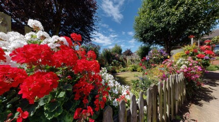 Bright Red and White Blooms in a Sunny Garden with Rustic Fence and Clear Blue Sky.