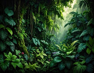 Lush Green Jungle Canopy with Dense Vegetation and Sunlight.