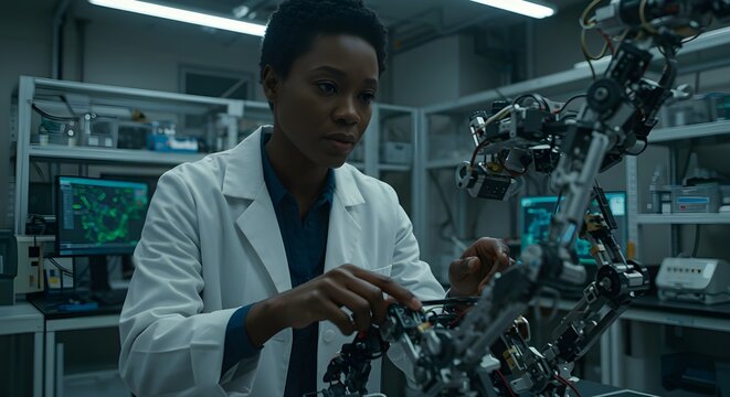 Scientist testing robot in laboratory, innovation, research, technology, artificial intelligence