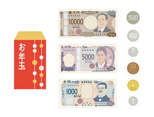 お年玉のポチ袋とお金のイラストのセット　新札バージョン
