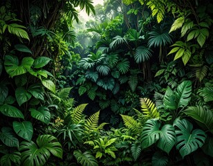 Lush Green Jungle Canopy with Ferns and Tropical Plants.