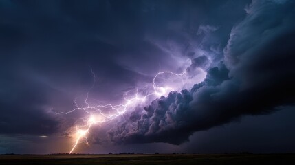 Dramatic Lightning Strike Illuminates Storm Clouds Over Darkened Landscape, Atmospheric Scene.