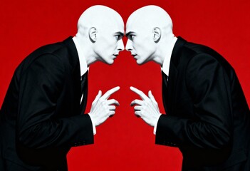 Two bald men in dark suits face each other, almost touching fingertips.