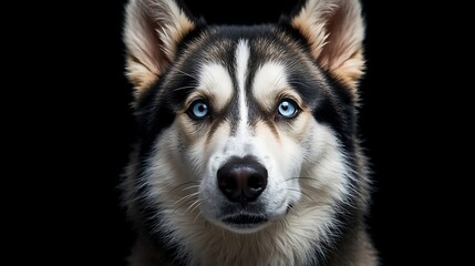 Obraz premium Intense Siberian Husky Portrait with Piercing Blue Eyes on Black Background