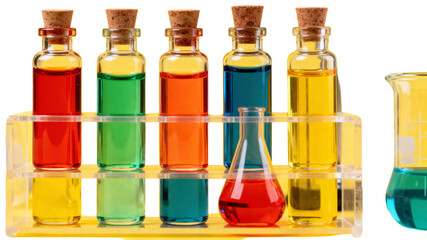 Vibrant chemical solutions in a laboratory setting with beakers, bottles, and flasks, transparent background png